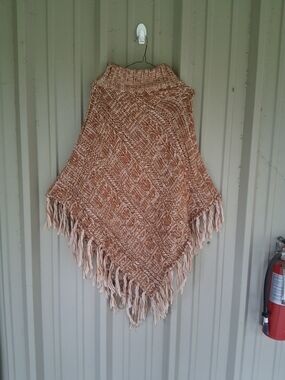 Women's Camel Taupe Chunky Fringe Poncho Sweater One Size Bohemian Boho